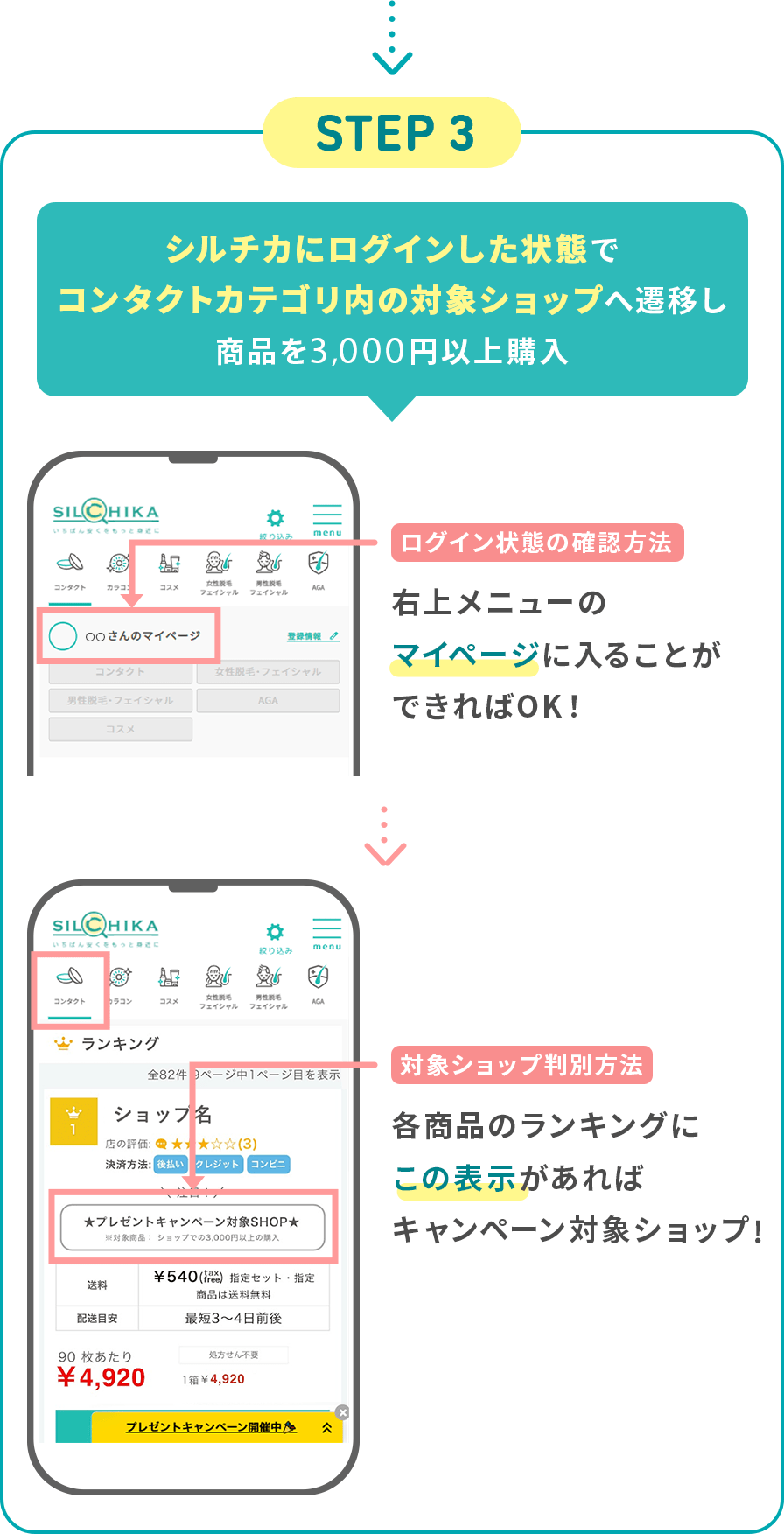 STEP3 シルチカにログインした状態でコンタクトカテゴリ内の対象ショップへ遷移し商品を3,000円以上購入